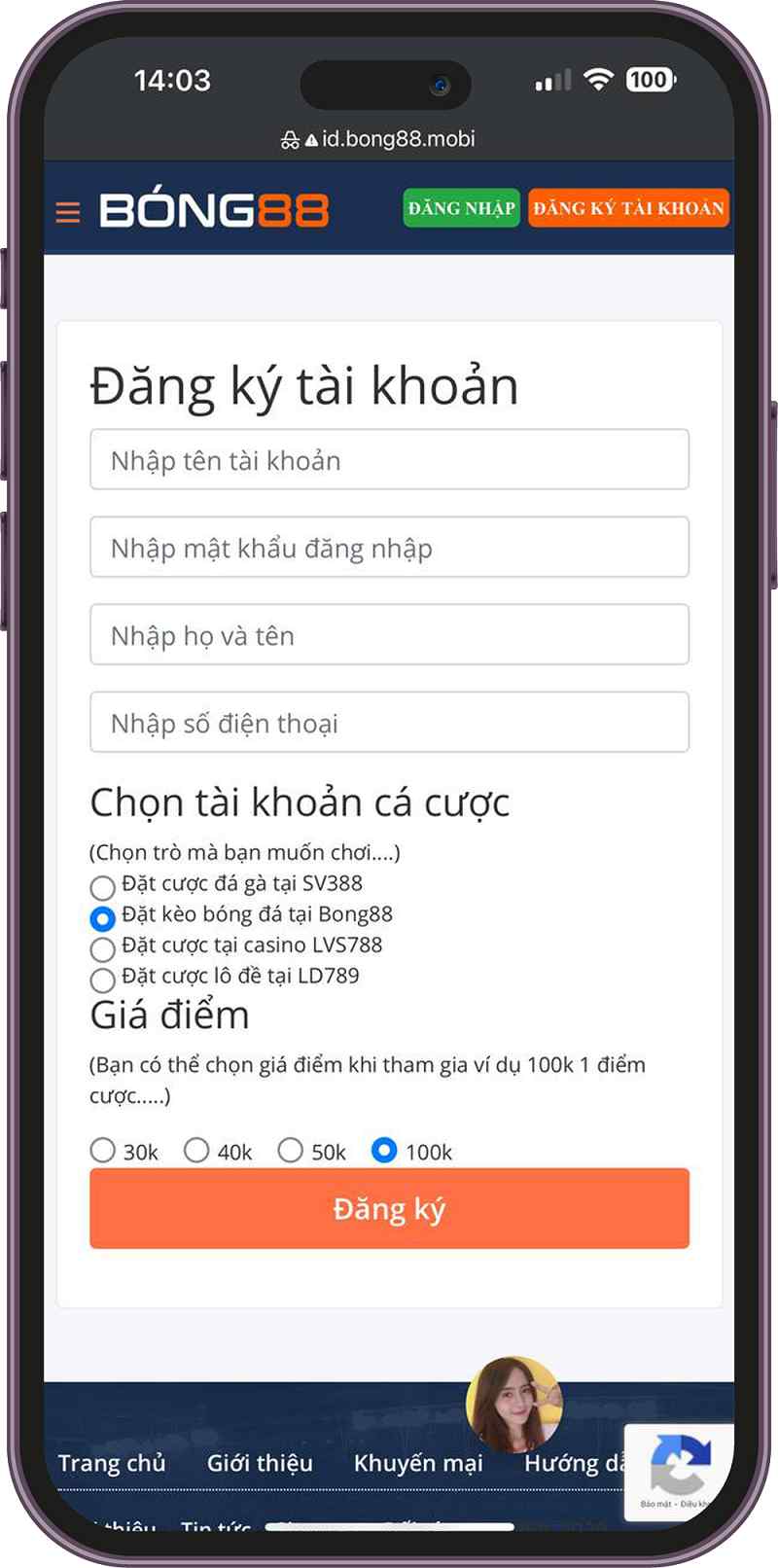 Giao diện đăng ký tài khoản Bong88